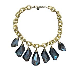 Vintage Metal Gold Color Chain Necklace with Blue Pendants